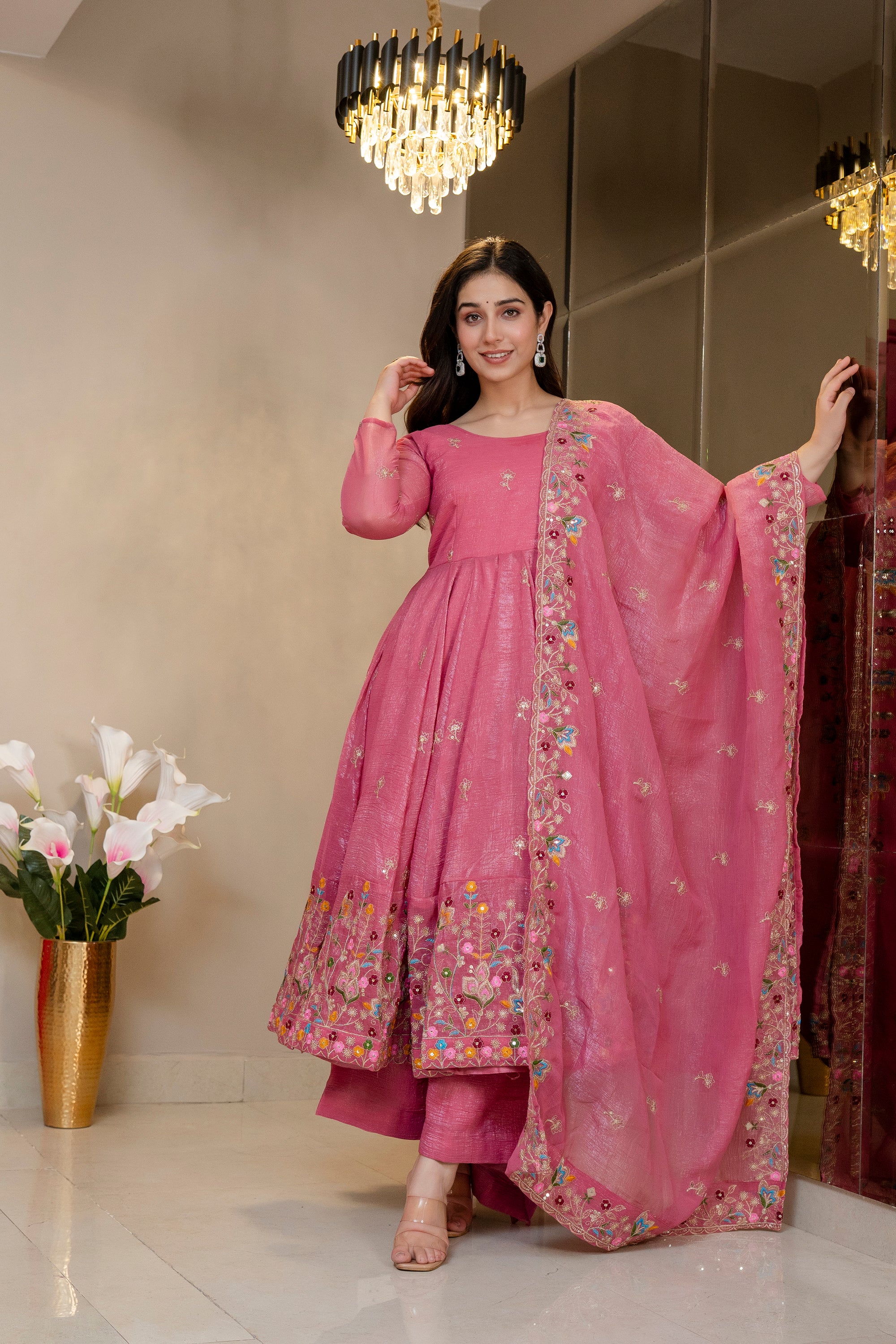 Designer Pink Embroidered Anarkali Dress for Women for Ganesh Chaturthi from Aahiya